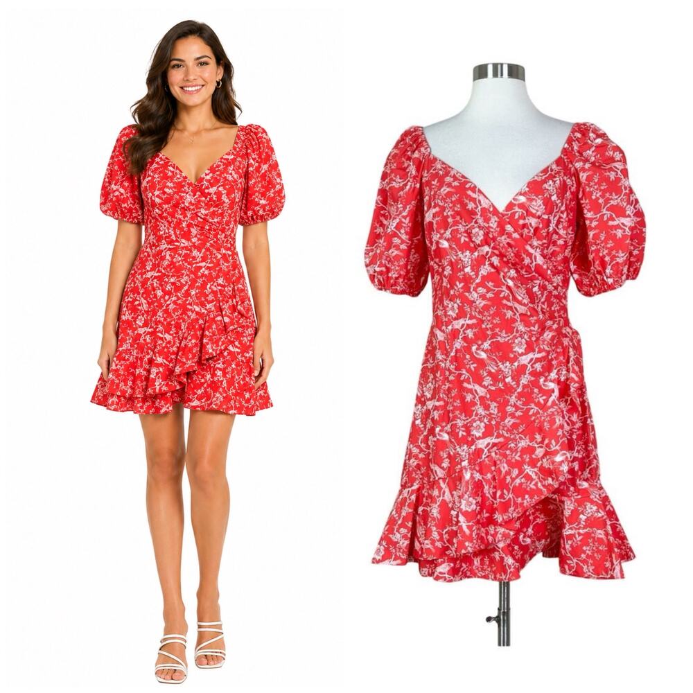 Sachin & Babi | Catherine Red Floral Bird Print Puff Sleeve Ruffle Mini Dress 4